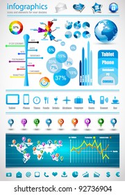 Premium infographics master collection: graphs, histograms, arrows, chart, 3D globe, icons and a lot of related design elements.