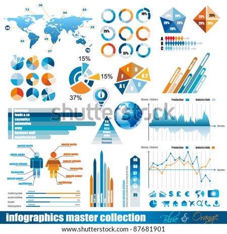 Premium infographics master collection: graphs, histograms, arrows, chart, 3D globe, icons and a lot of related design elements.