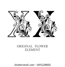 Premium initial letters X in two color variations with botanical element. Vector letters logo design template set. Alphabet label sign for company branding and identity.Unique concept type as logotype