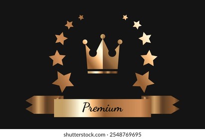 Conceito de insígnia premium. Logotipo e emblema da empresa e da organização. Recompensa e prêmio dourado. Crista e logotipo. Marca corporativa. Ilustração vetorial isolada no plano de fundo preto