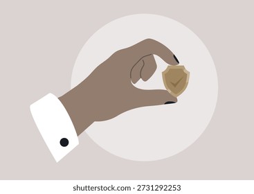 El Plan de seguro de Premium, una mano que sostiene elegantemente un Pequeño pin de escudo, mostrando sus intrincados detalles y artesanía, El suave telón de fondo realza el significado y el encanto del pin