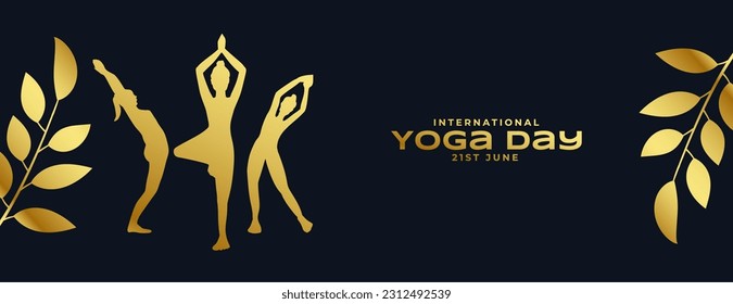 premium international yoga day event banner with golden leaves vector