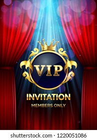 Premium invitation card. Vip party invite with golden crown and open red curtains. Grand opening banner, gold luxury elegant vip gatsby glamour invite ticket vector template