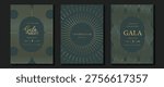 Premium invitation set in teal, slate blue, and muted gold featuring oval frames, radiant line bursts, and flowing stripe patterns for gala dinners, weddings, and elegant celebration stationery.