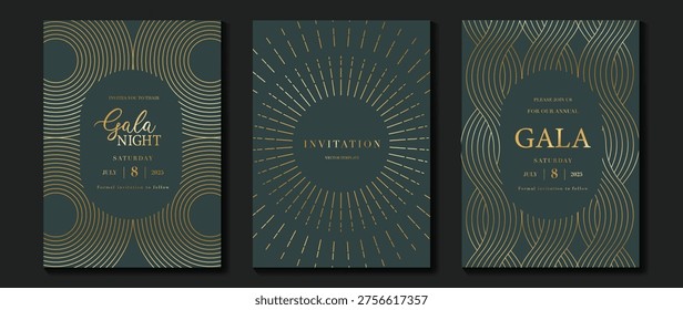 Premium invitation set in teal, slate blue, and muted gold featuring oval frames, radiant line bursts, and flowing stripe patterns for gala dinners, weddings, and elegant celebration stationery.