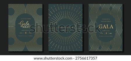 Premium invitation set in teal, slate blue, and muted gold featuring oval frames, radiant line bursts, and flowing stripe patterns for gala dinners, weddings, and elegant celebration stationery.