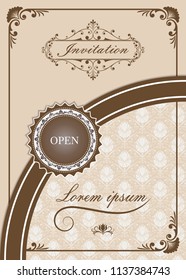 premium invitation or wedding card in vintage decorative frame with beautiful filigree and retro border on ancient background, luxury postcard, ornament vector
