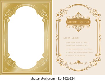 premium invitation or wedding card in vintage decorative golden frame with beautiful filigree and retro border on ancient background, luxury postcard, ornament vector