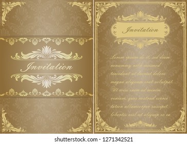 premium invitation or wedding card in vintage decorative golden frame with beautiful filigree and retro border on ancient background, luxury postcard, ornament vector