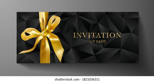 Premium Invite VIP Card Template With Black Polygon Background, Gold Bow (ribbon). Deluxe Geometric Poly Pattern. Rich Holiday Design For Invitation Event, Luxury Gift Certificate, Exclusive Voucher