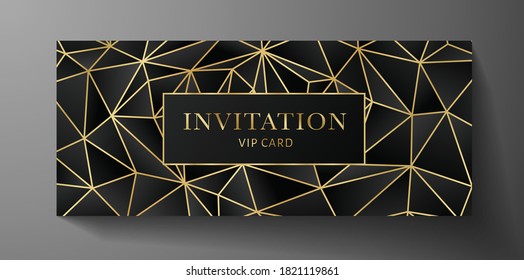 Plantilla de tarjeta VIP invitada premium con fondo de polígono negro y patrón geométrico dorado. Diseño rico de vacaciones útil para eventos de invitación, certificado de regalo de lujo, bono exclusivo