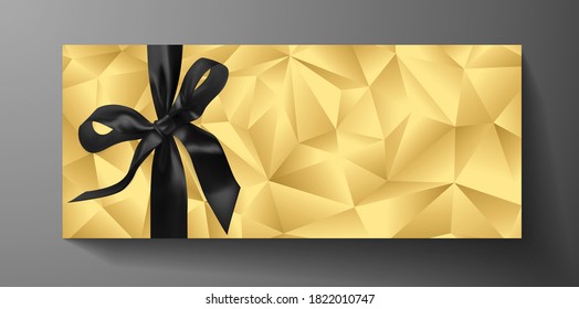 Premium invite VIP card template with gold polygon background, black bow (ribbon). Deluxe geometric poly pattern. Rich holiday design for invitation event, luxury gift certificate, exclusive voucher