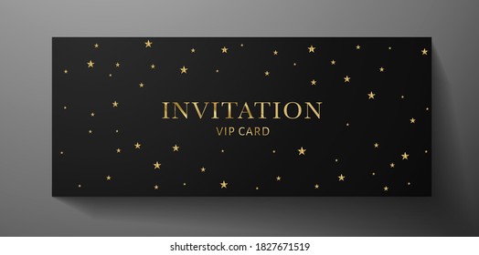 Premium invite VIP card template with black background and gold stars. Deluxe holiday starry pattern. Rich formal design for invitation event, luxury gift certificate, exclusive voucher