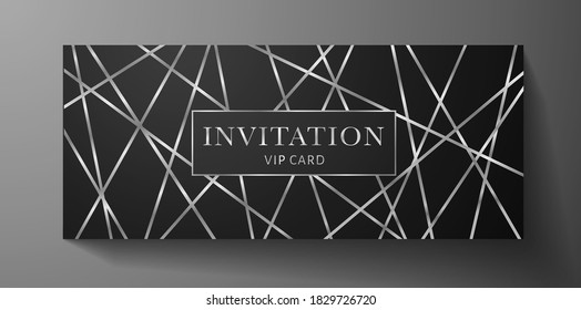 Premium Invite VIP Card Template With Silver Line Pattern On Black Background. Rich Holiday Design Useful For Invitation Event, Luxury Gift Certificate, Exclusive Voucher