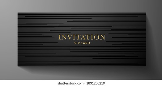 Premium invite VIP card template with black horizontal line pattern on background. Deluxe stripe texture useful for holiday invitation design (formal event), luxury gift certificate, voucher