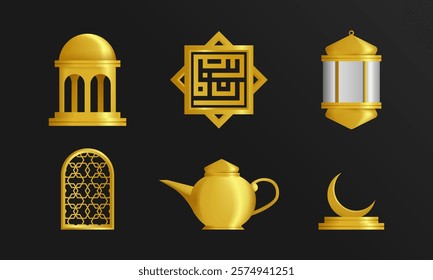 A premium Islamic icon set for Ramadan and Eid al-Fitr, featuring gold elements like lanterns, crescents, Kufic calligraphy, and teapots. Perfect for festive and religious designs.