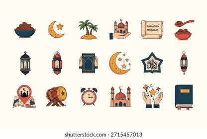 Islamische Symbole der Spitzenklasse mit Moschee, Gebetsteppichen, Datteln und Koran. Vielseitige Vektorgrafiken für Ramadan Mubarak-Grüße, Apps und kommerzielles religiöses Design.