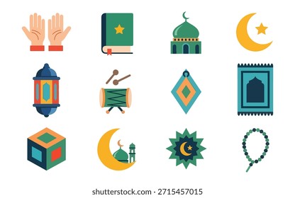 Iconos islámicos de Premium con mezquitas, linternas, Corán y cuentas de oración. Vectores coloridos de alta calidad para saludos de Ramadán y diseños festivos.