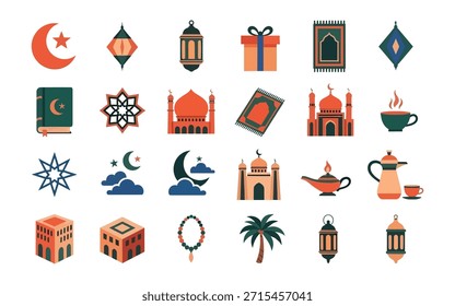 Islamische Symbole der Spitzenklasse mit Moscheen, Gebetsteppichen und Koran. Hochwertige Vektorgrafiken für Ramadan Mubarak - Grüße, Apps und gewerbliche Designs.