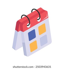 premium isometric icon of calendar depicting dates, schedules, planning, organization, events, and time management.