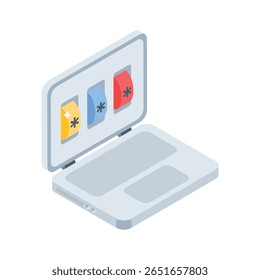 Premium isometric icon of laptop with password login