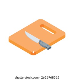 A premium isometric icon of wooden cutting board with knife