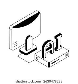A premium isometric outline icon of ai system