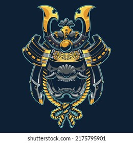 premium japanese oni mask vector stock illustration with blue and gold samurai armor in black background