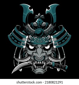 premium japanese samurai armor. oni mask with katana. japan demon illustration design