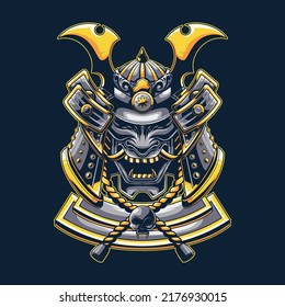 premium japanese samurai oni mask with black and gold armor in black background