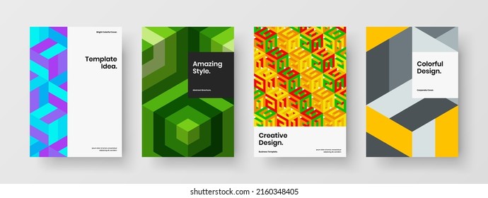 Premium journal cover A4 design vector illustration set. Multicolored mosaic shapes front page layout bundle.