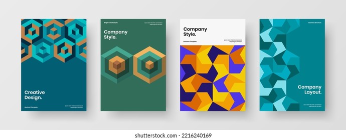Premium journal cover A4 vector design illustration set. Unique mosaic hexagons corporate identity layout collection.