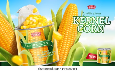 Premium kernel corn can ads in 3d illustration on bokeh blue sky background