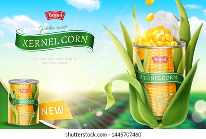 Premium Kernel Corn Can Ads In 3d Illustration On Bokeh Green Field Background