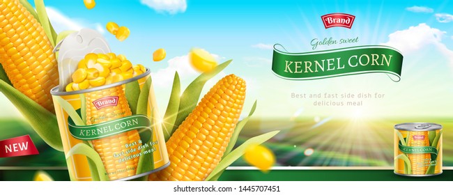 Premium Kernel Corn Can Banner Ads In 3d Illustration On Bokeh Green Field Background