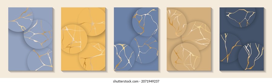 Premium kintsugi art gold brocken line patterns vector collection. Brochure cover pages with kintsugi japanese art golden patterns. Crack brocken line ornaments. Poster templates.
