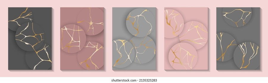 Premium kintsugi art gold brocken line patterns vector collection. Booklet cover pages with kintsugi japanese art foil patterns. Crack brocken line backgrounds. Poster templates.