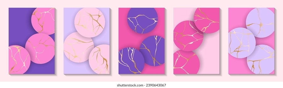 Premium kintsugi art gold brocken line patterns vector collection. Booklet cover pages with kintsugi japanese art foil patterns. Crack brocken line backgrounds. Cover page templates.