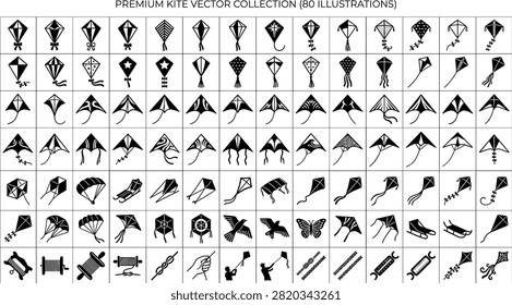 Premium kite vector collection featuring various flying diamond stunt parafoil and animal shaped silhouettes isolated on white background