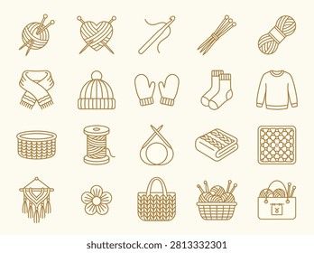 Premium Knitting and Crochet Outline Vector Icon Collection with Yarn and Handmade Craft Tools