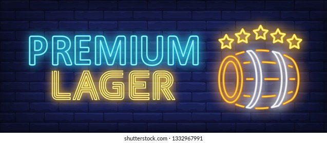 Premium lager neon sign. Beer barrel with stars. Bar, pub, alcoholic beverage store. Night bright advertisement. Vector illustration in neon style for drinks, service, traditional culture