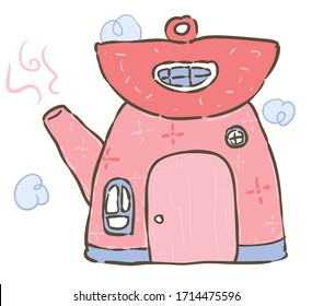 Premium-große Portrait-Vektorillustration-Illustration süße fantasy-rosa Wasserkochthaus handgezeichnet, leicht minimaler Cartoon-Stil auf weißem Hintergrund 