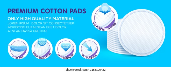 Premium layered cosmetic hypoallergenic cotton pads while offering excellent skin care, protection and comfort. Concept with icons. Vector eps10.