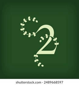 Premium leaf typography, number 2 logo. Symbol icon design. Unique wedding invitation and leaf combination. Flat Vector Design.