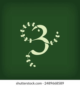 Premium leaf typography, number 3 logo. Symbol icon design. Unique wedding invitation and leaf combination. Flat Vector Design.