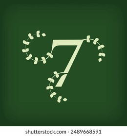 Premium leaf typography, number 7 logo. Symbol icon design. Unique wedding invitation and leaf combination. Flat Vector Design.