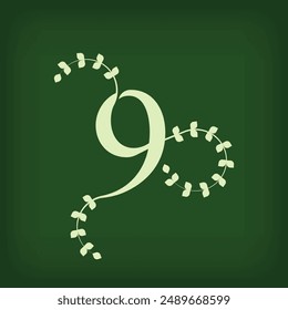 Premium leaf typography, number 9 logo. Symbol icon design. Unique wedding invitation and leaf combination. Flat Vector Design.