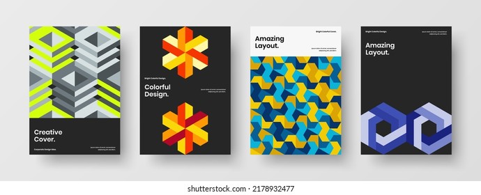 Premium leaflet A4 design vector template composition. Clean mosaic hexagons company cover illustration set.