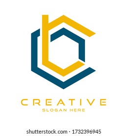 Letra premium CB con el diseño de logotipo Hexagon de color azul y amarillo. Monograma creativo lineal de lujo.
