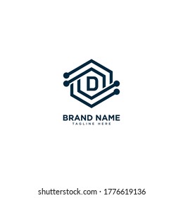 Logo-Design des Premium-Briefes D. Technologiepunkt-Verbindungsrahmen Edelstahlgehäuse-Logo. Stempelmarkensymbol drucken für Monogramm
